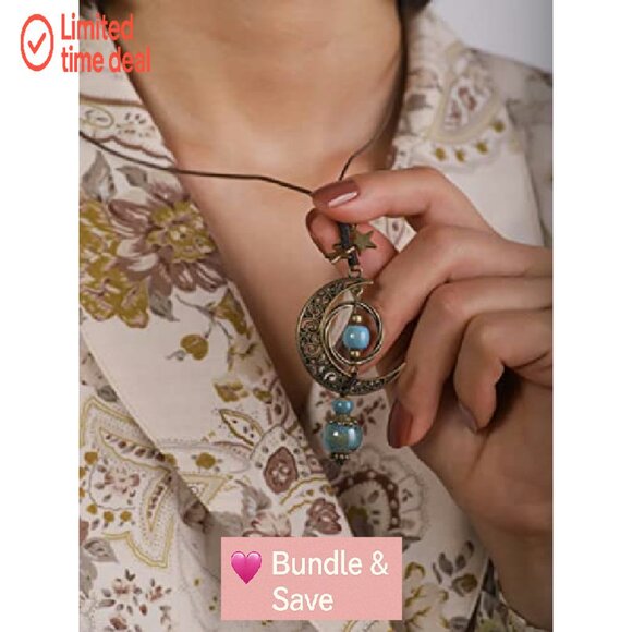 Adjustable Cord Lariat Necklace with Crescent Moon Pendant, Boho Statement - Picture 6 of 8